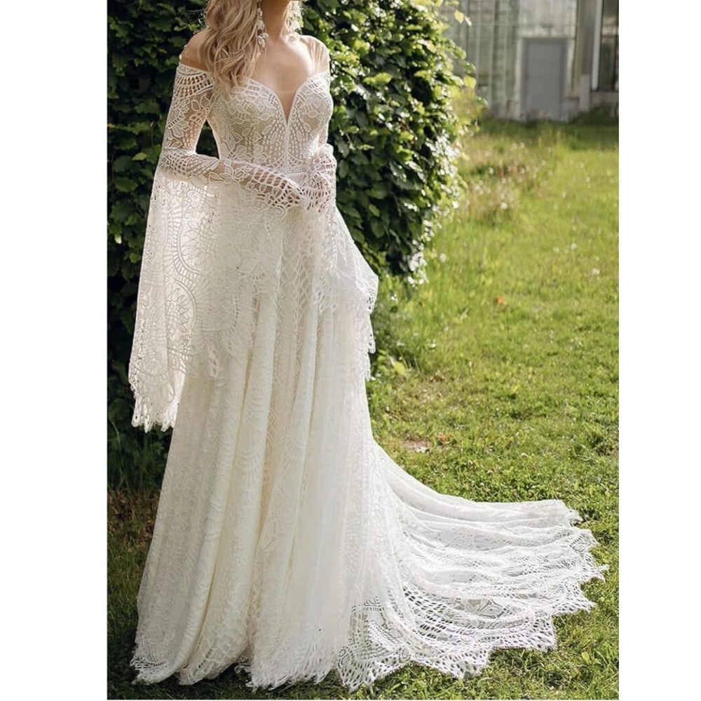 Bohemian Bell Sleeve Wedding Dress - Picture 3 of 16